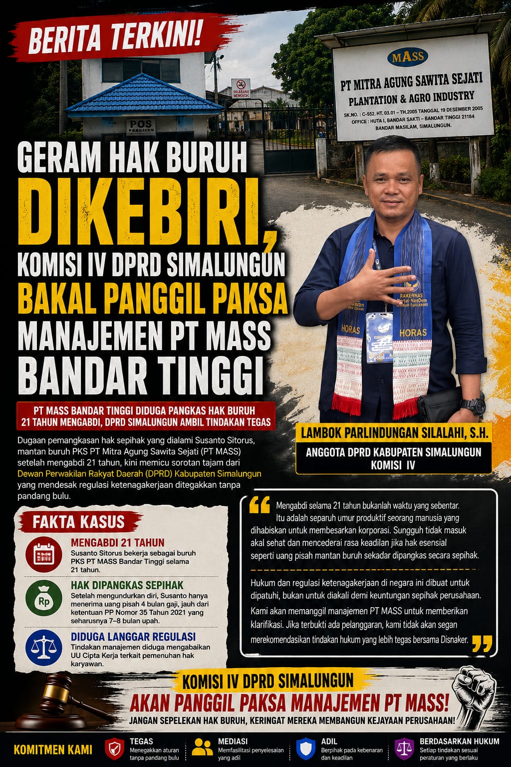 Nekat Pangkas Hak Karyawan 21 Tahun, PKS PT MASS Bandar Tinggi Kini Jadi Bidikan DPRD Simalungun